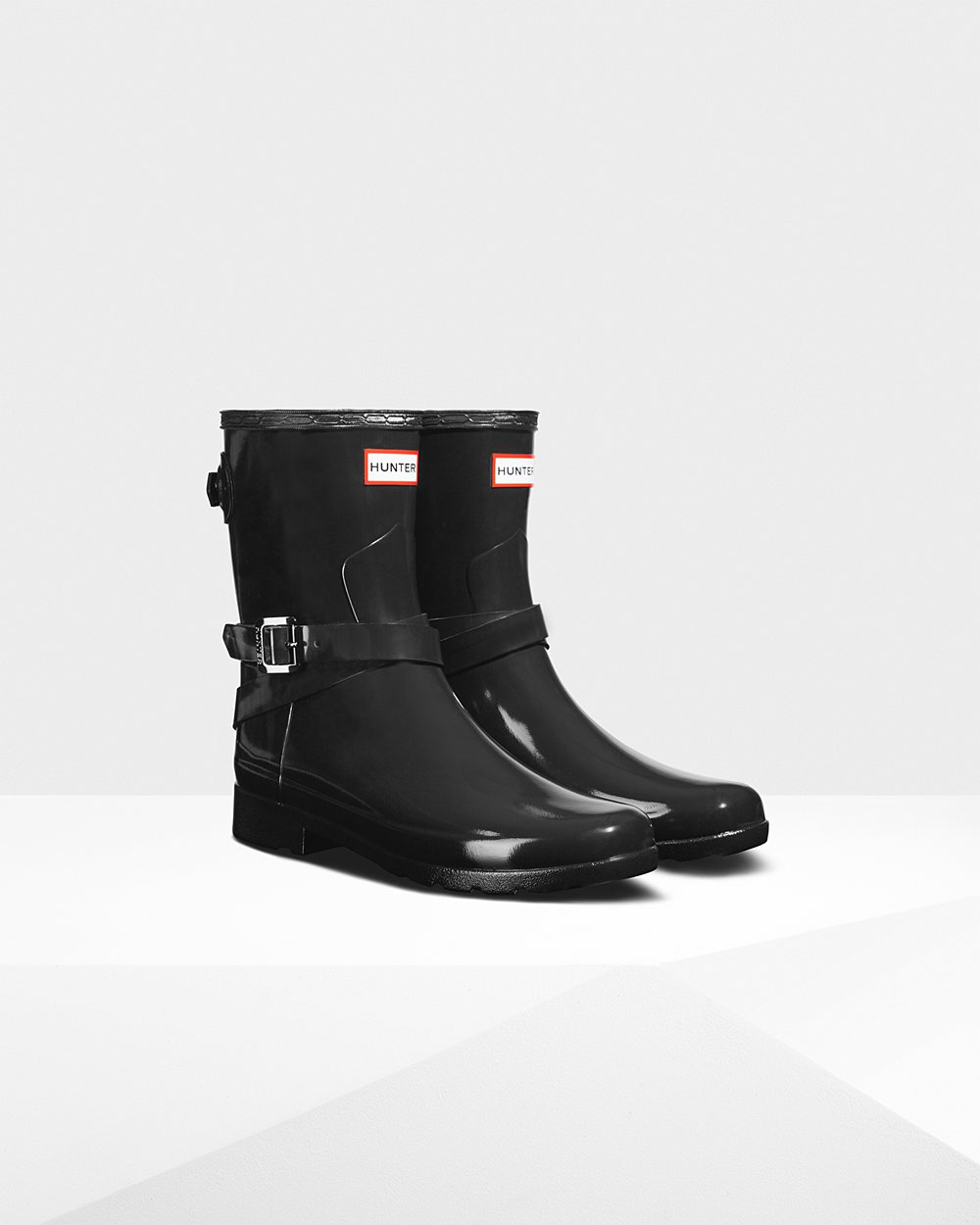 Womens Short Rain Boots - Hunter Refined Adjustable Gloss (74DXWOZMK) - Black